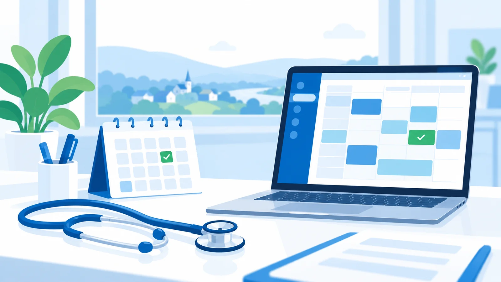 Praxistresen mit Laptop und Terminkalender