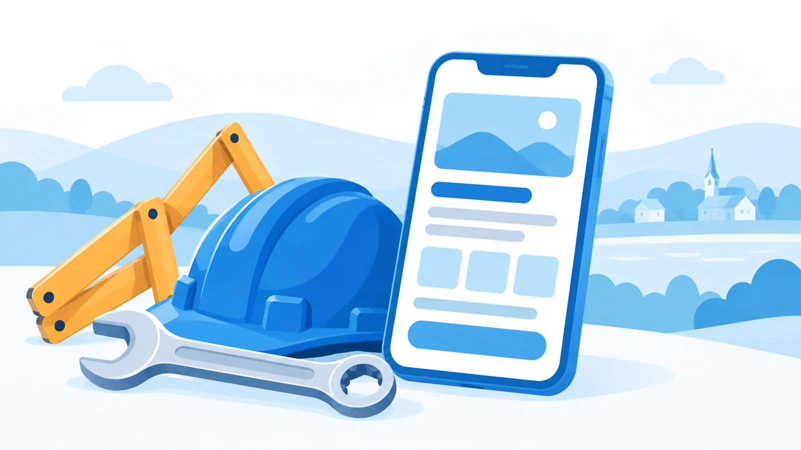 Handwerkerwerkzeug neben einem Smartphone mit Webseite